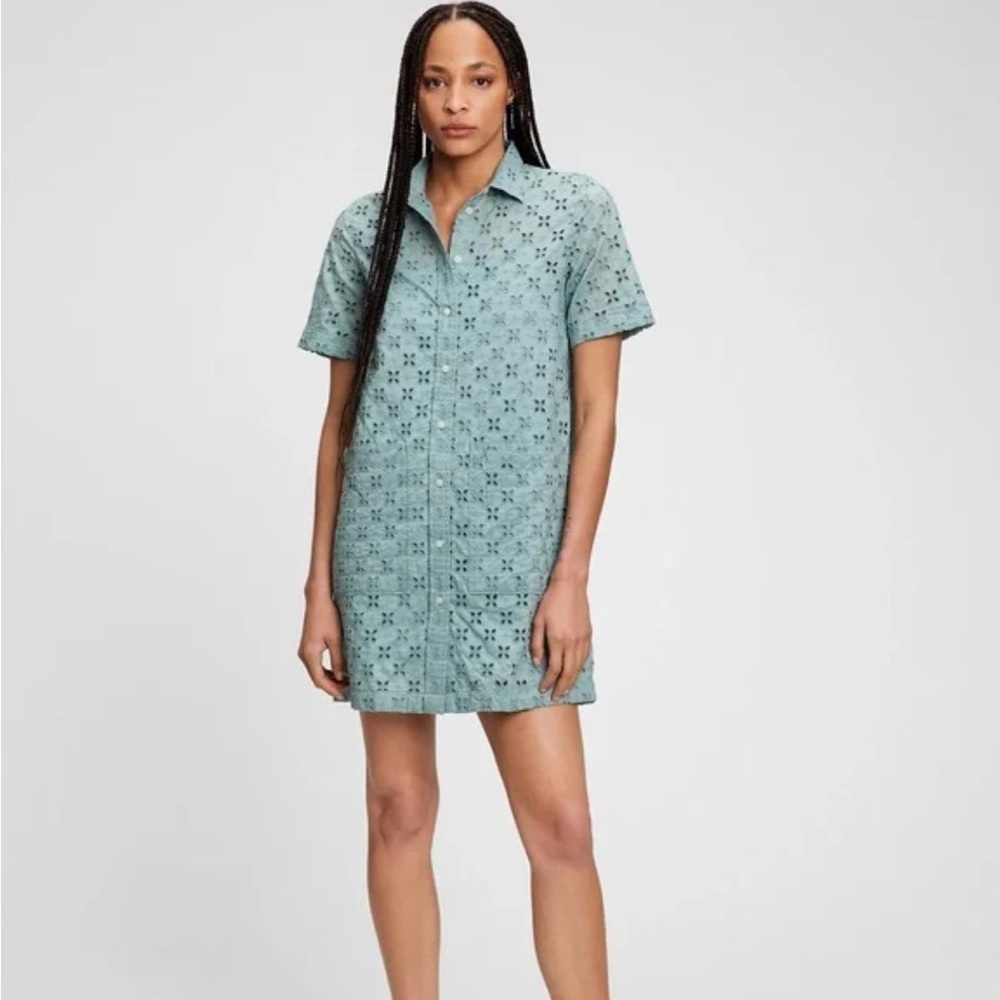 Gap Eyelet Mini Shirtdress - Mineral Blue - Size Medium